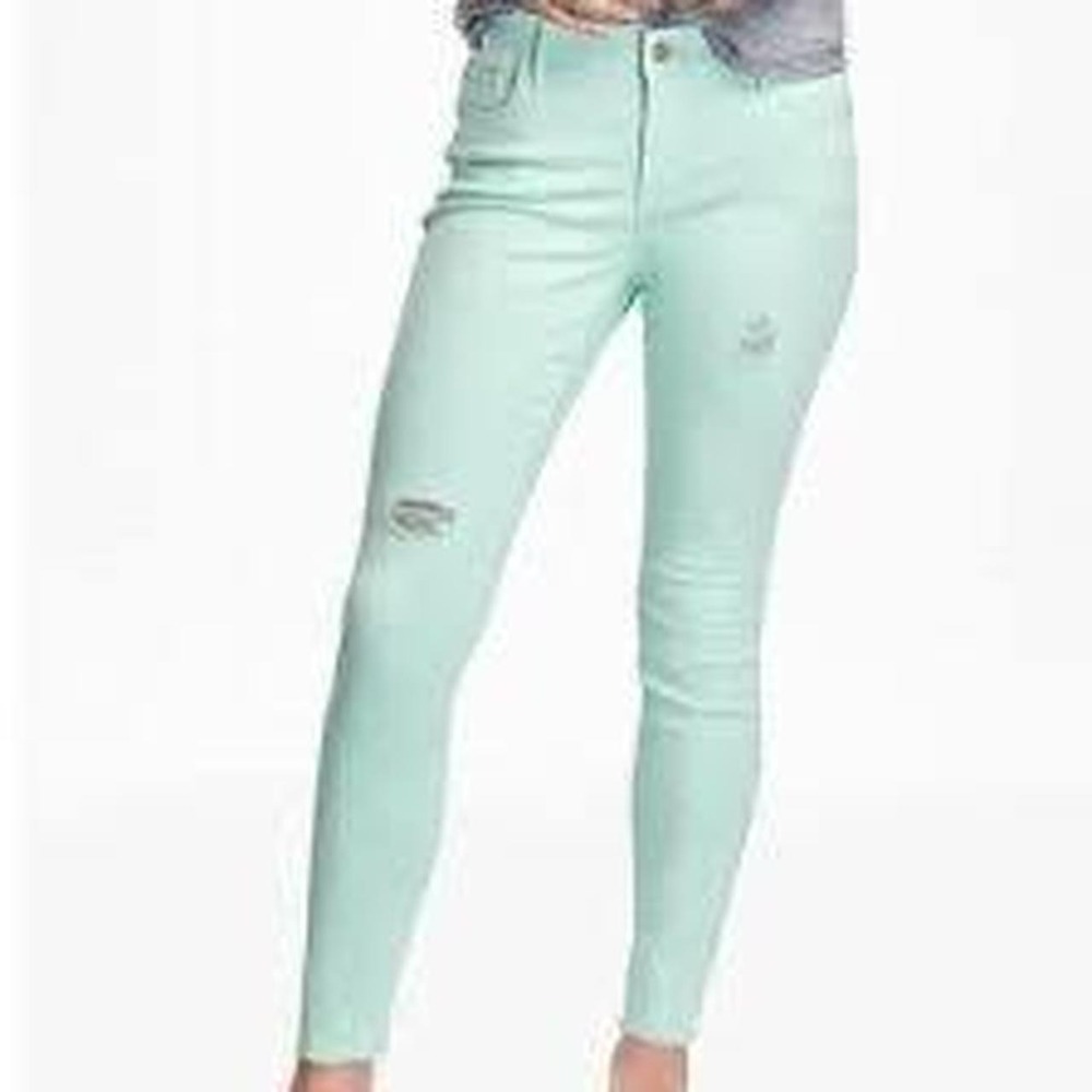 Old Navy Rockstar Mid-Rise Skinny Jeans Mint Green Distressed 10 NWT